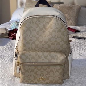 COACH Large Backpack in Beige, White, and Gold